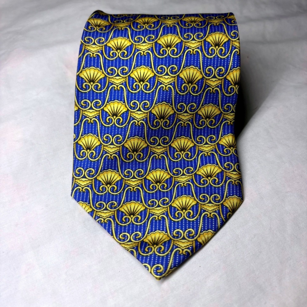 Gianni Versace Silk Tie Blue Yellow Shell Scroll Pattern Made in Italy Designer